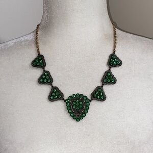 Emerald Green Pave Triangle Statement Necklace Filigree Vintage Sparkling Gem